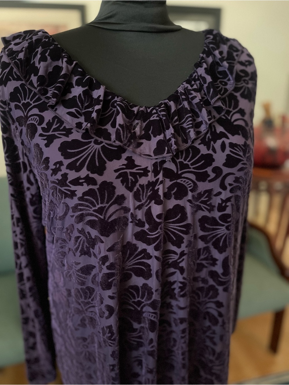 Susan Lawrence Purple Velvet Burnout Ruffle-Neck Tunic